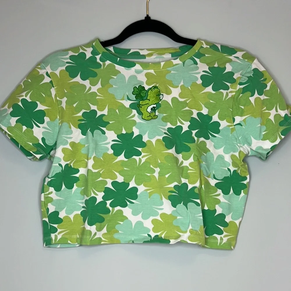 Good Luck Care Bears‎ Four Leaf Clover Crop Top Green Graphic Medium Retro 90s